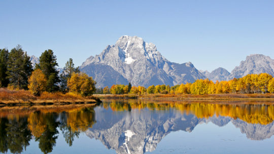 Mount Moran With Fall Foliage Reflects Off The Owbow Bend Of The Snake River In Grand Teton National Park