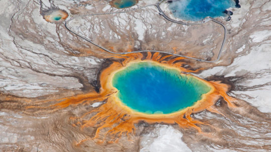 An Aerial View Of The Rainbow Colors Of The Grand Prismatic Spring In Yellowstone National Park